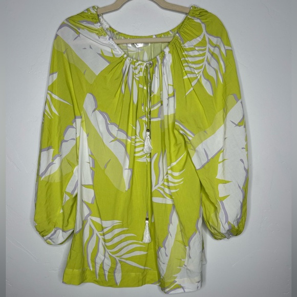 Maria & Kyndals Tops - Maria & Kyndals Chartreuse Lavender White Leaf Print Blouse Tassels Tropical Med